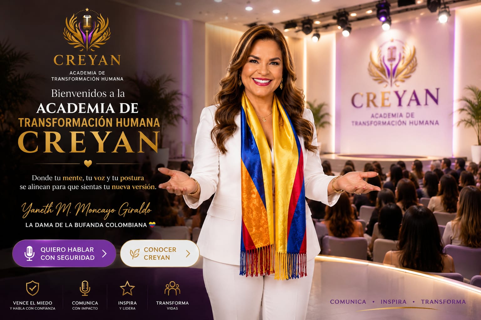 Yaneth M. Moncayo Giraldo, La Dama de la Bufanda Colombiana, fundadora de CREYAN, dando la bienvenida a la Academia de Transformación Humana